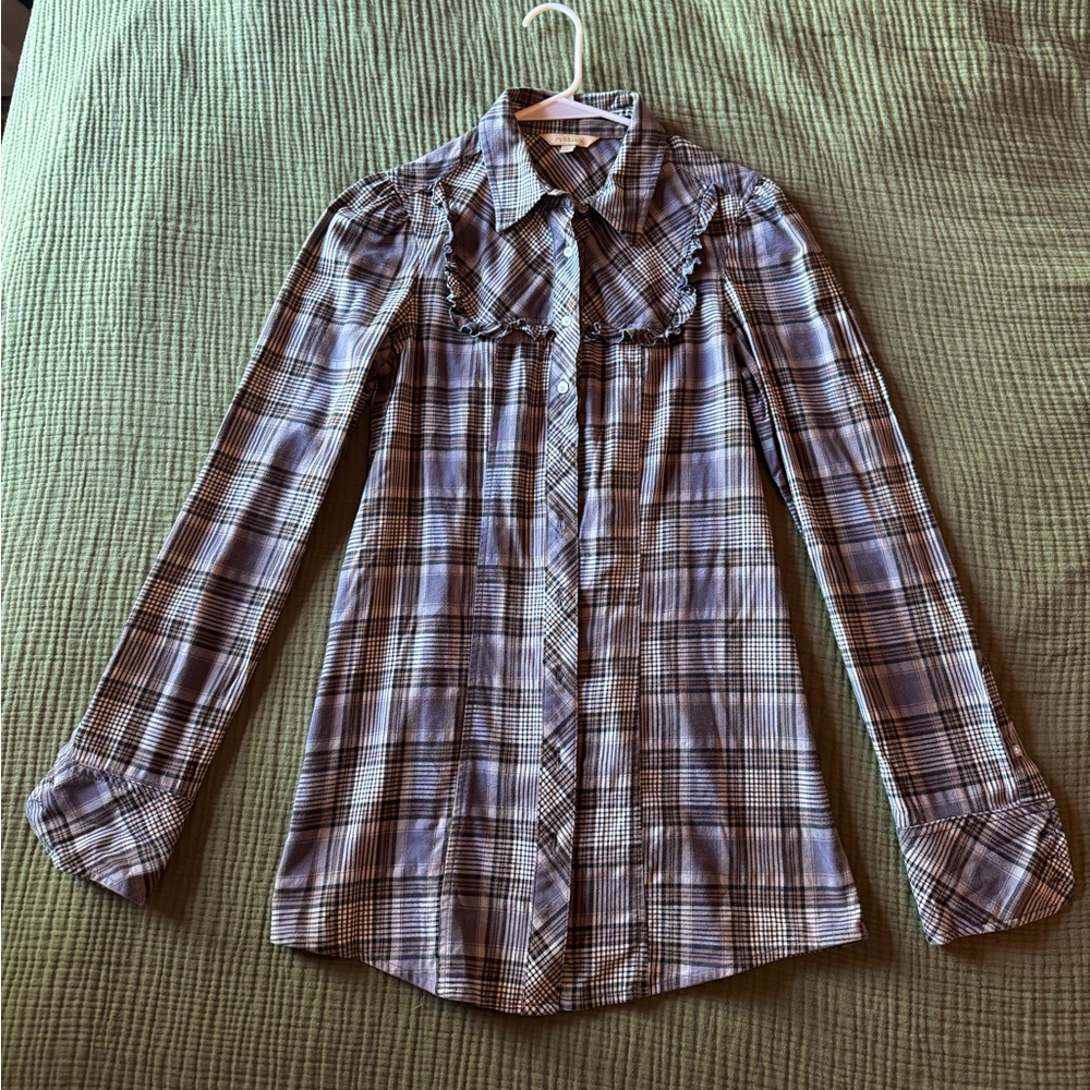 Gray plaid flannel with ruffle detail, size M